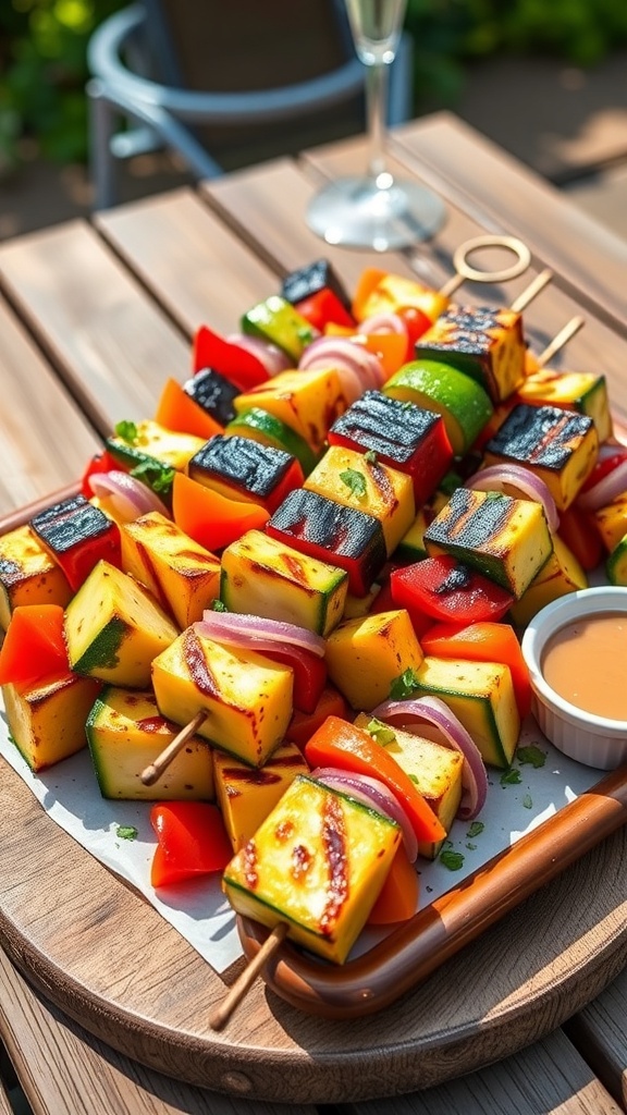 Grilled zucchini kabobs with bell peppers and onions, garnished with herbs, on a rustic wooden table.